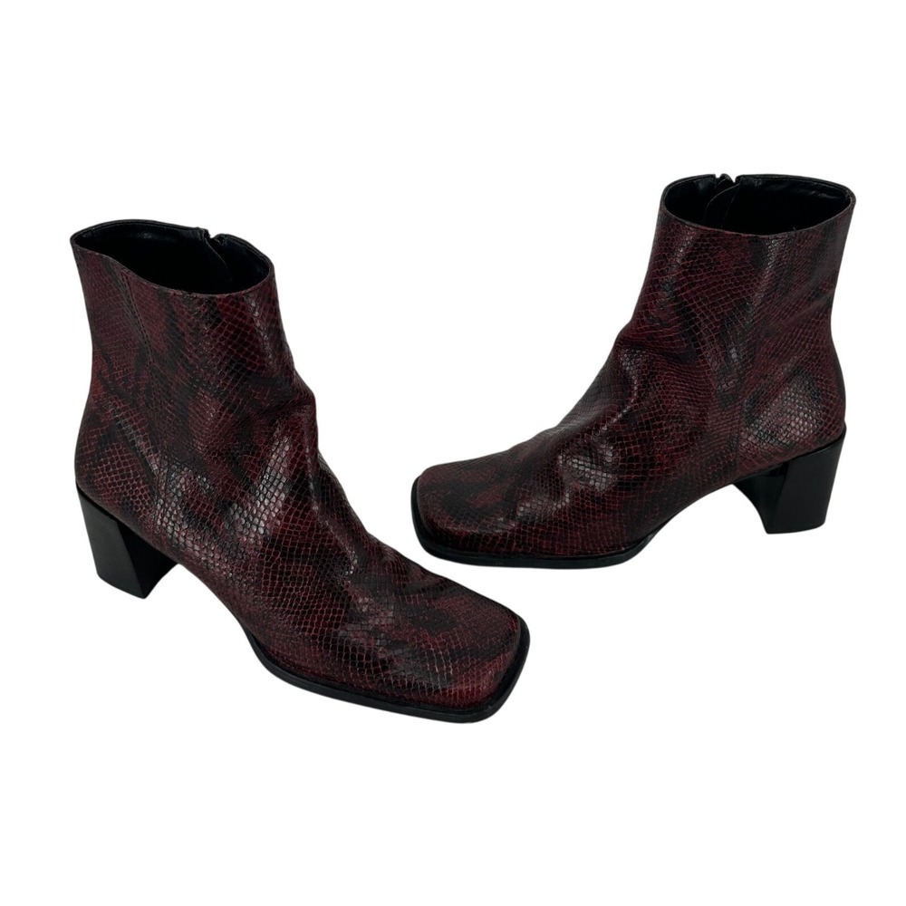 St. Johns Bay Rae Red Snakeskin Leather Square Toe Block Heel Ankle Boots 6.5M